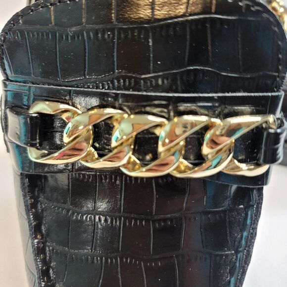 Old Navy Loafers Women 8.5 Black Croc Faux Leather Chunky Heel Gold Accent Strap - Picture 4 of 16